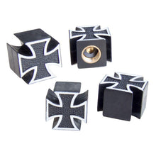 Afbeelding in Gallery-weergave laden, Simoni Racing ventieldoppen Black Cross Zwart/Wit 4 stuks